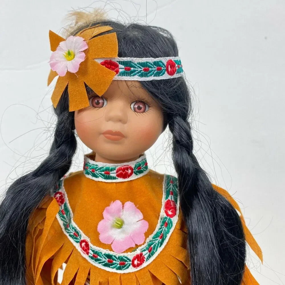 Native American Porcelain Girl Doll Fringe Pants & Top Embroidery Trim 14